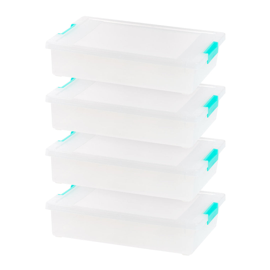 Storage-Bins with Lids, File Clip-Box, Organization and Storage Container for Office, School, Kids room, Craft room, 6 Qt, Clear/Seafoam Blue, 4 Pack - IRIS USA, Inc.