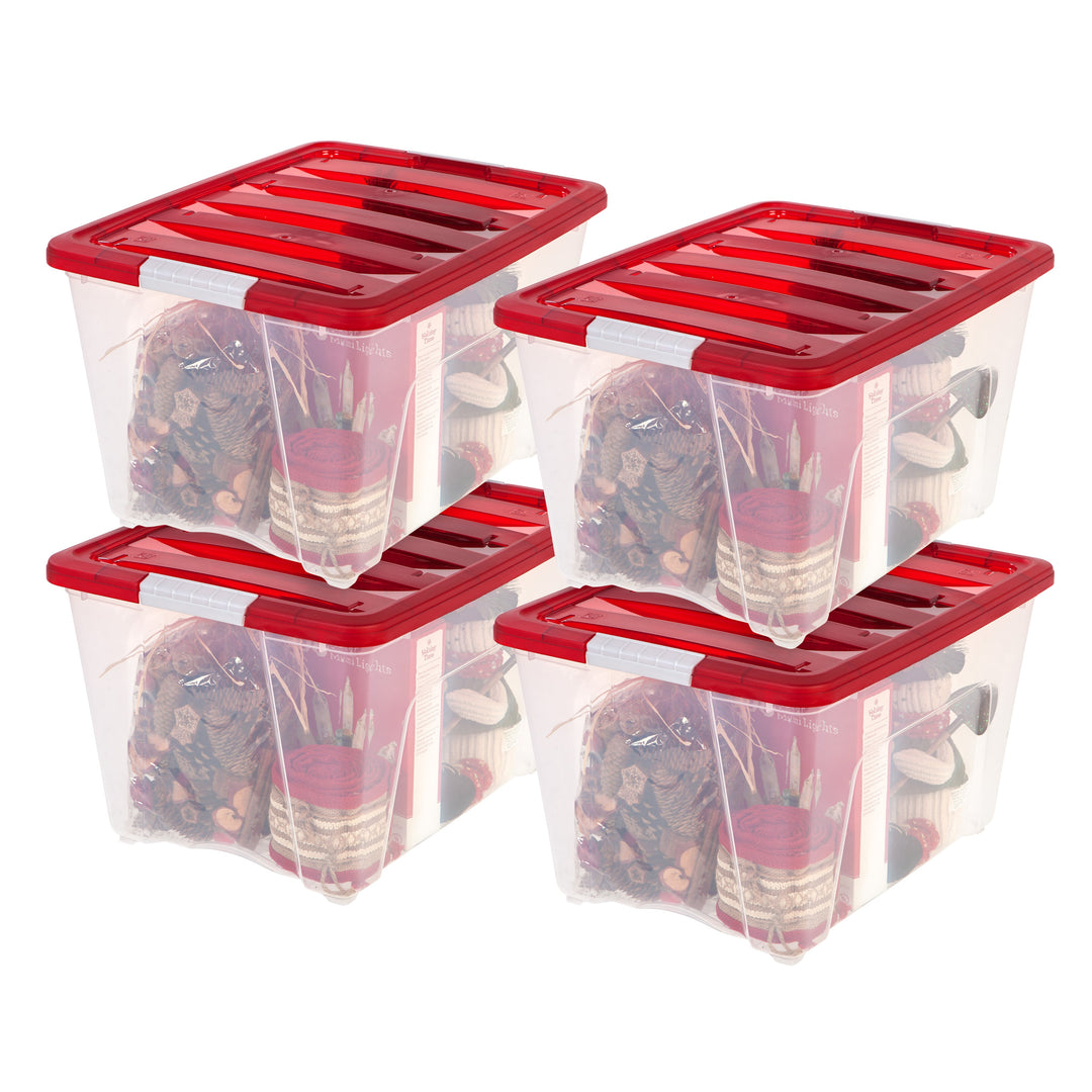 54 Qt. Stackable Holiday Storage Bin with Lid - 4 pack -, Clear/Red - IRIS USA, Inc.